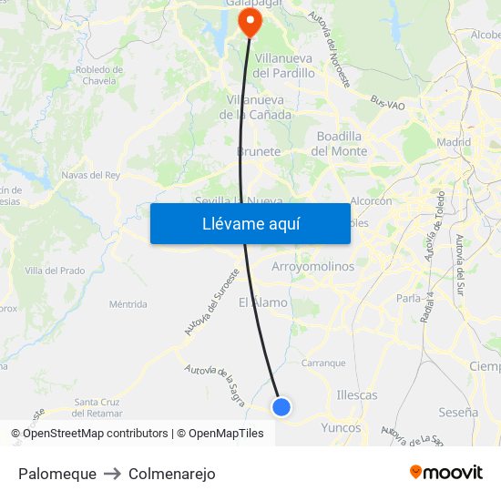 Palomeque to Colmenarejo map
