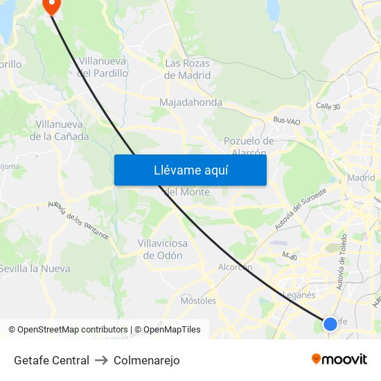Getafe Central to Colmenarejo map