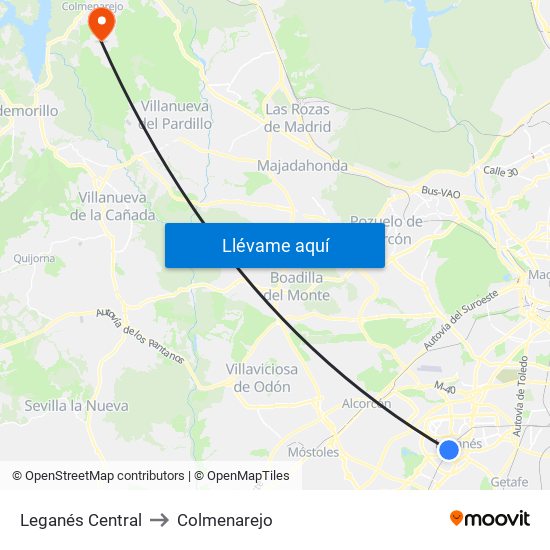 Leganés Central to Colmenarejo map