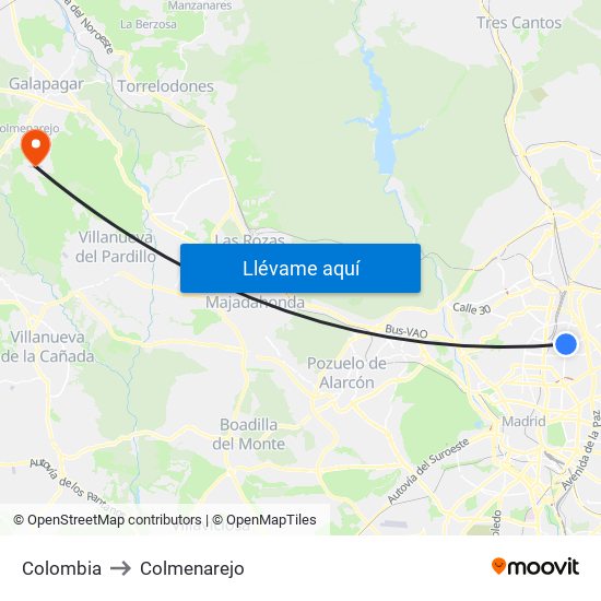 Colombia to Colmenarejo map