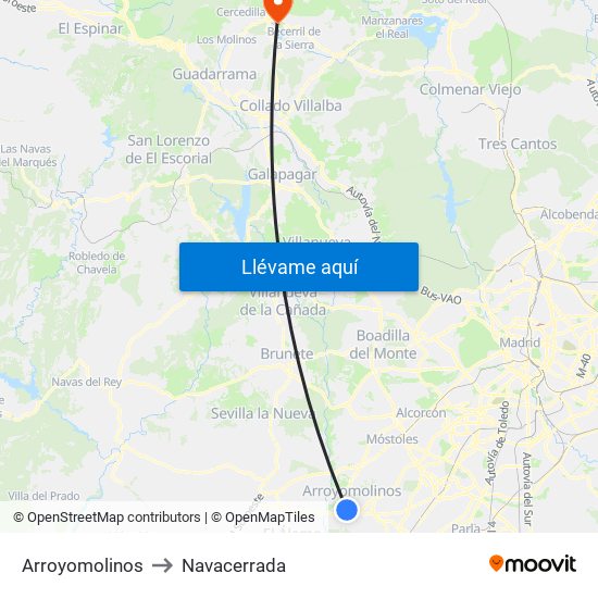 Arroyomolinos to Navacerrada map