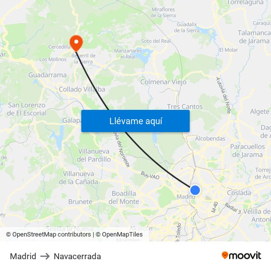 Madrid to Navacerrada map