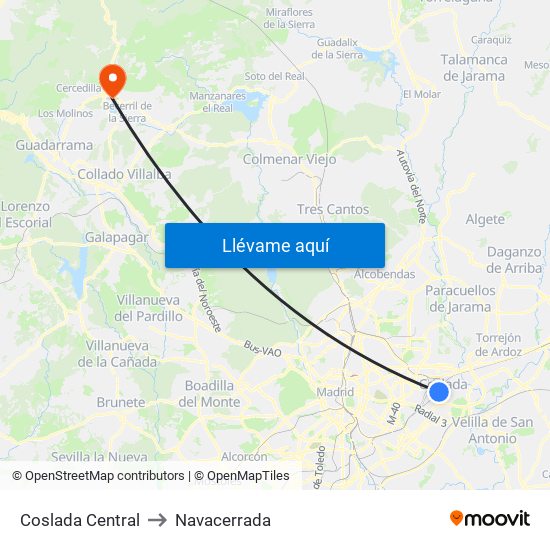 Coslada Central to Navacerrada map