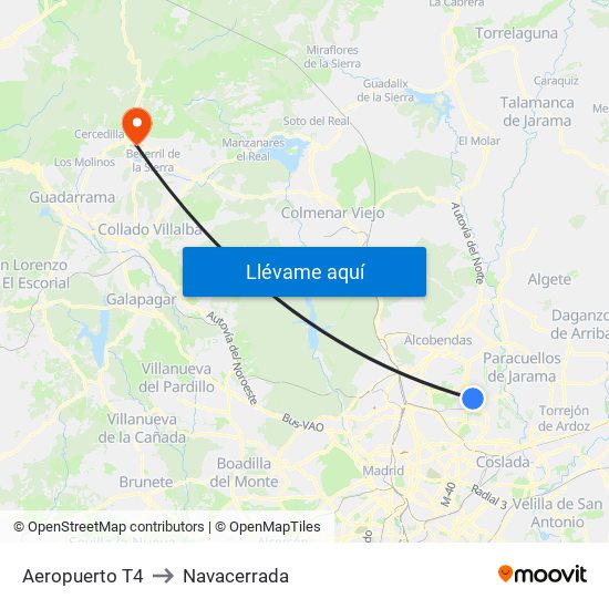 Aeropuerto T4 to Navacerrada map