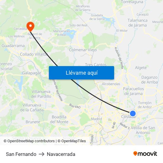 San Fernando to Navacerrada map