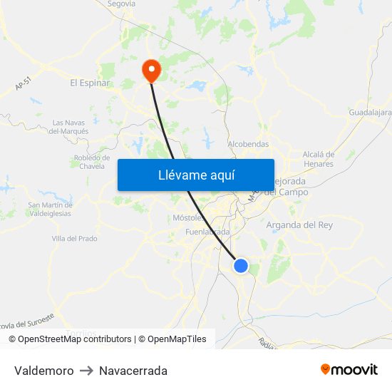 Valdemoro to Navacerrada map