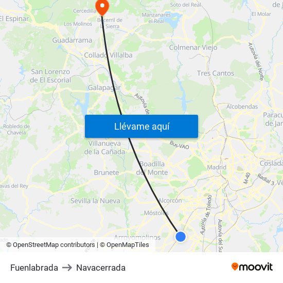 Fuenlabrada to Navacerrada map