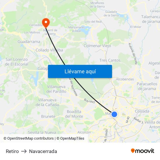 Retiro to Navacerrada map