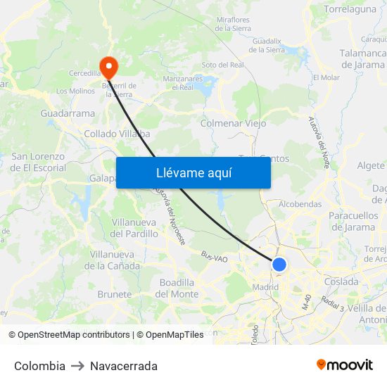 Colombia to Navacerrada map
