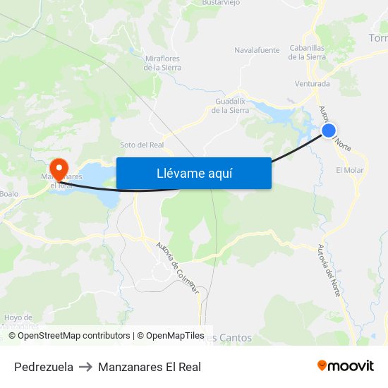Pedrezuela to Manzanares El Real map