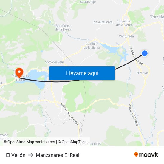 El Vellón to Manzanares El Real map
