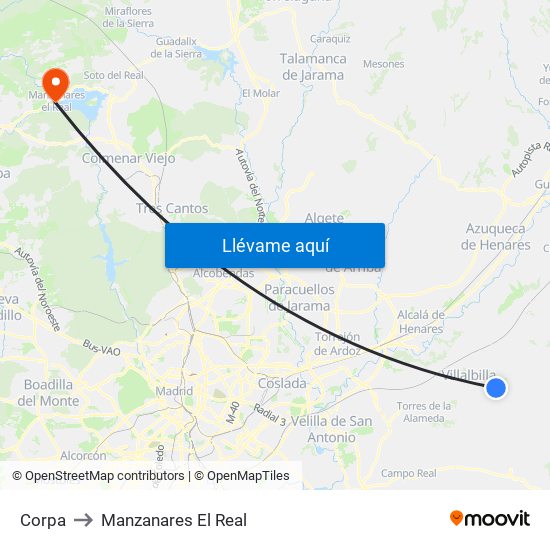 Corpa to Manzanares El Real map