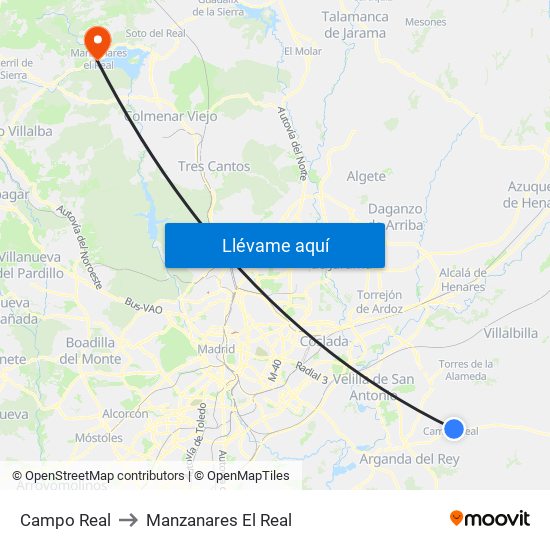 Campo Real to Manzanares El Real map