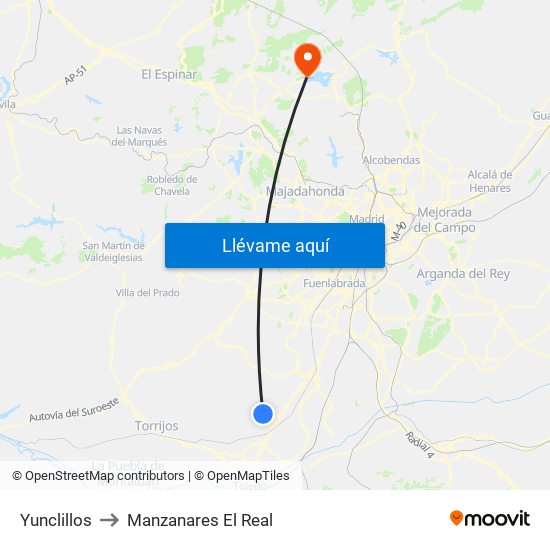Yunclillos to Manzanares El Real map