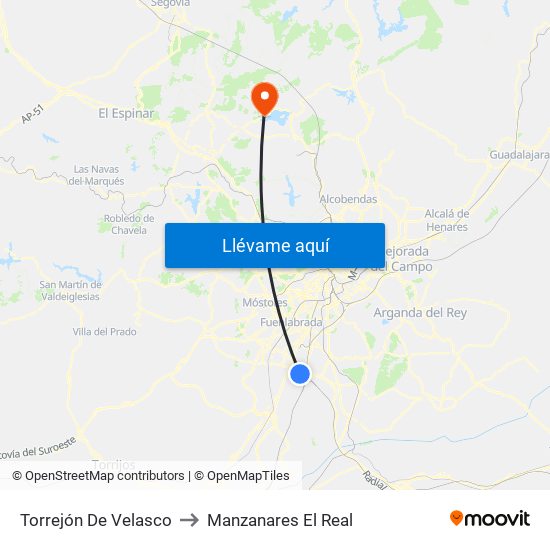 Torrejón De Velasco to Manzanares El Real map