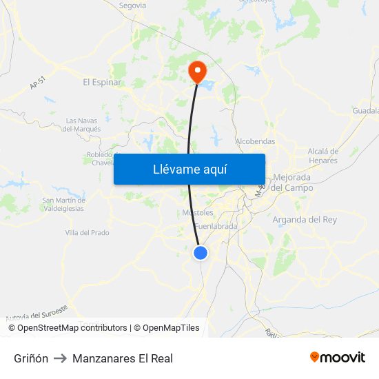 Griñón to Manzanares El Real map