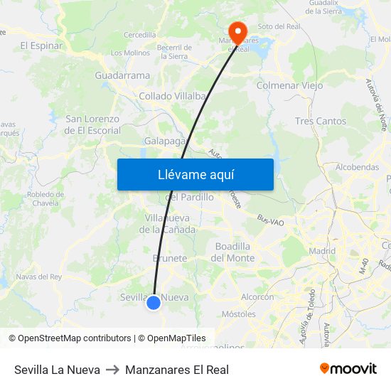 Sevilla La Nueva to Manzanares El Real map
