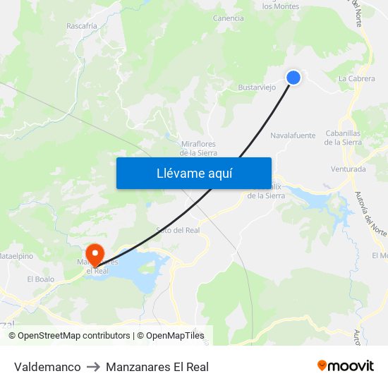 Valdemanco to Manzanares El Real map