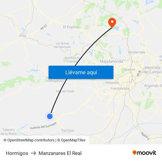 Hormigos to Manzanares El Real map