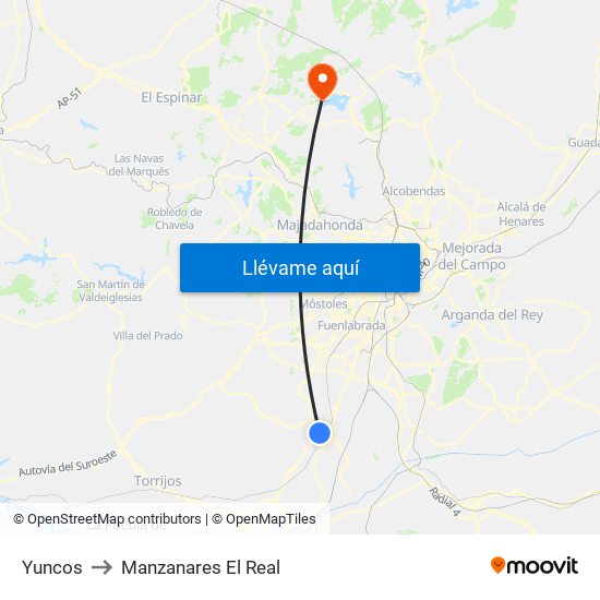 Yuncos to Manzanares El Real map
