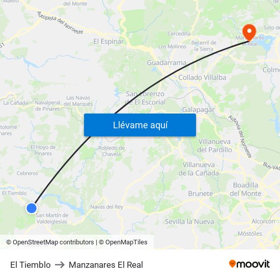 El Tiemblo to Manzanares El Real map