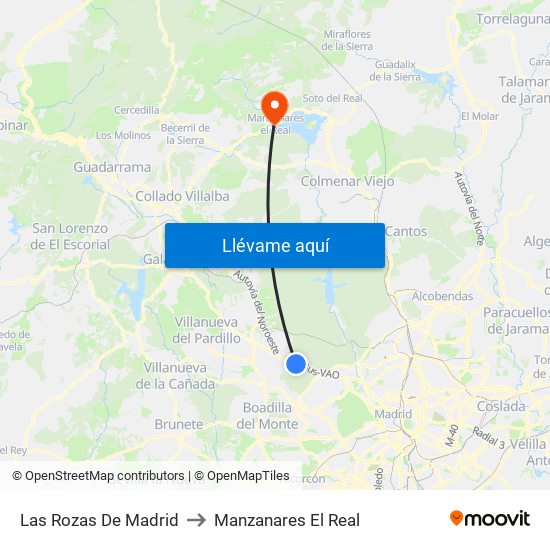 Las Rozas De Madrid to Manzanares El Real map