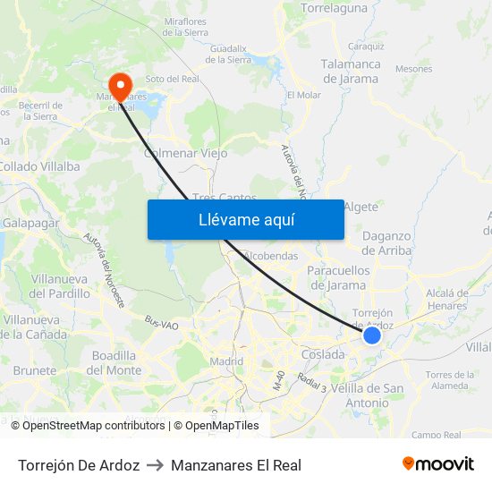 Torrejón De Ardoz to Manzanares El Real map