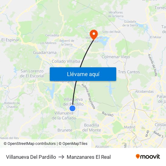 Villanueva Del Pardillo to Manzanares El Real map