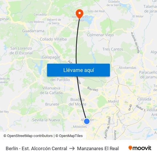 Berlín - Est. Alcorcón Central to Manzanares El Real map