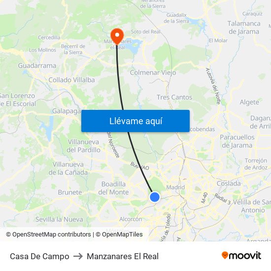Casa De Campo to Manzanares El Real map
