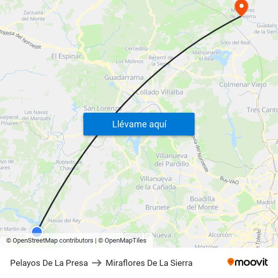Pelayos De La Presa to Miraflores De La Sierra map