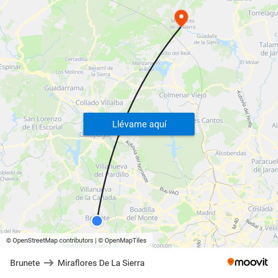 Brunete to Miraflores De La Sierra map