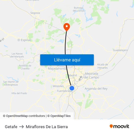 Getafe to Miraflores De La Sierra map
