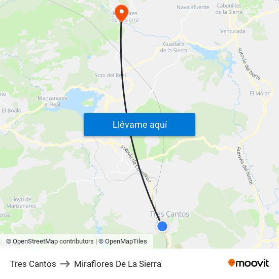 Tres Cantos to Miraflores De La Sierra map