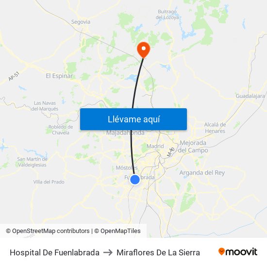Hospital De Fuenlabrada to Miraflores De La Sierra map