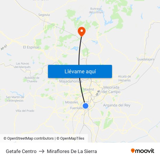 Getafe Centro to Miraflores De La Sierra map
