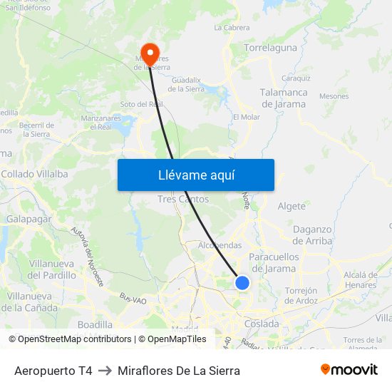 Aeropuerto T4 to Miraflores De La Sierra map