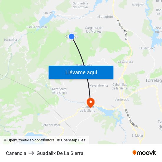 Canencia to Guadalix De La Sierra map