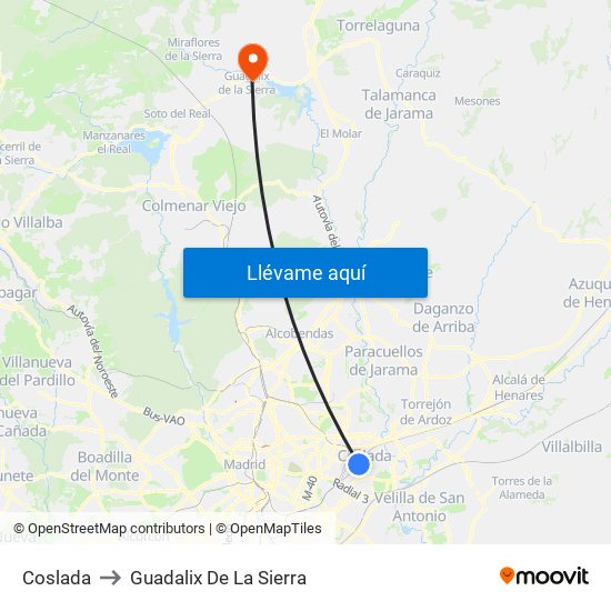 Coslada to Guadalix De La Sierra map