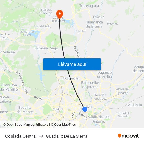 Coslada Central to Guadalix De La Sierra map