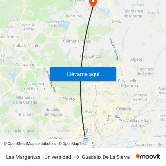 Las Margaritas - Universidad to Guadalix De La Sierra map