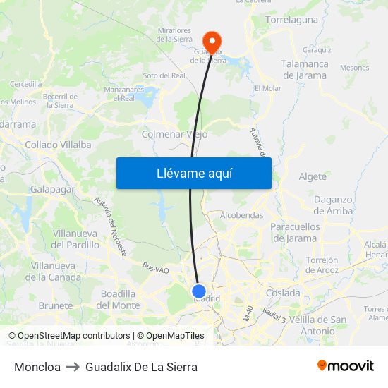 Moncloa to Guadalix De La Sierra map