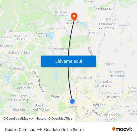 Cuatro Caminos to Guadalix De La Sierra map