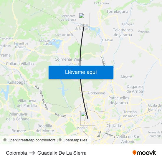 Colombia to Guadalix De La Sierra map