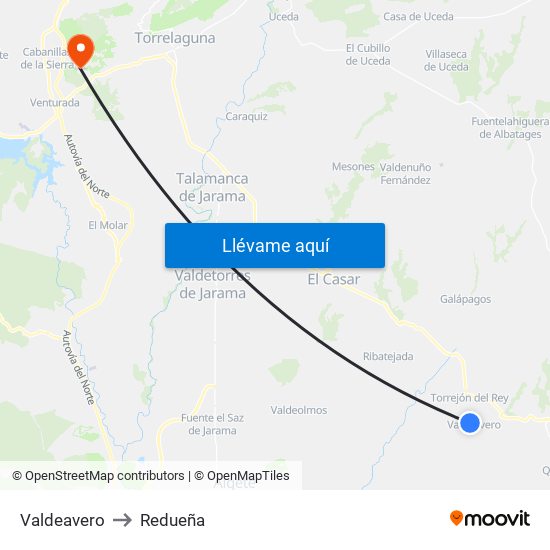 Valdeavero to Redueña map