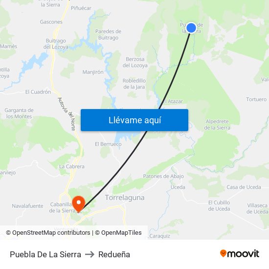 Puebla De La Sierra to Redueña map