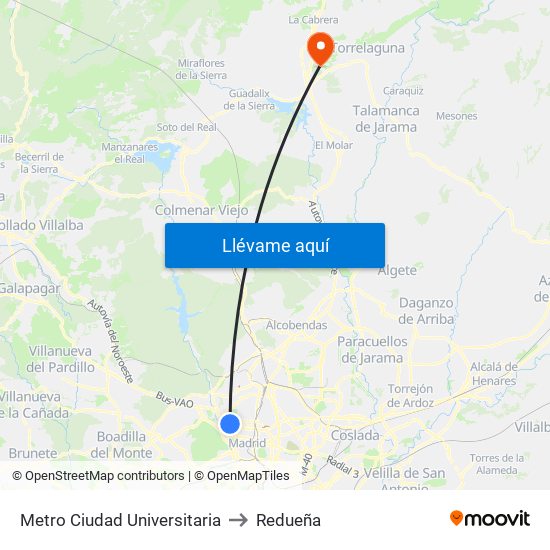 Metro Ciudad Universitaria to Redueña map