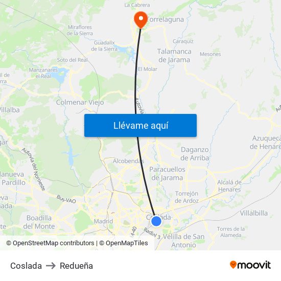 Coslada to Redueña map