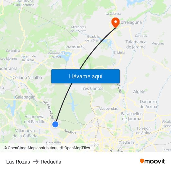 Las Rozas to Redueña map