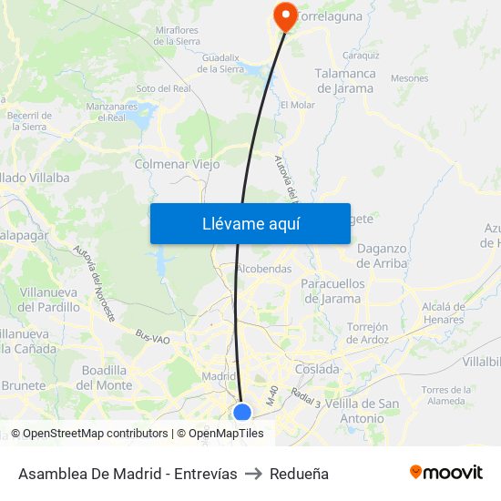 Asamblea De Madrid - Entrevías to Redueña map